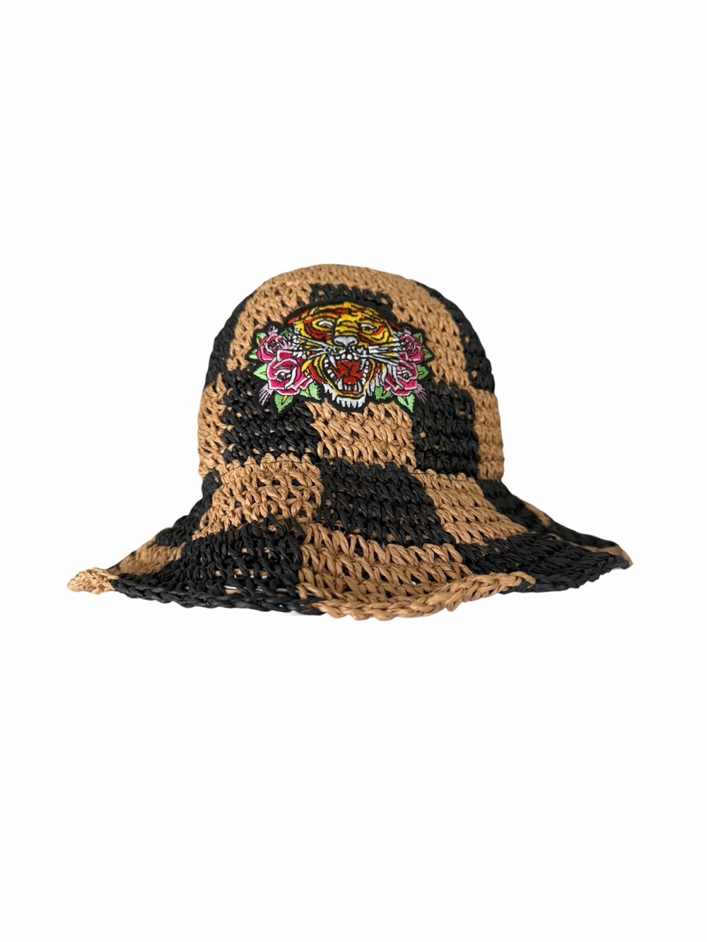 🖤 Ed Hardy Wild Tiger Checkered Crochet Straw Bucket Hat NWT OS